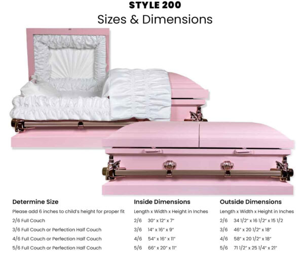 Various dimensions for the Cherokee Style 200 Casket
