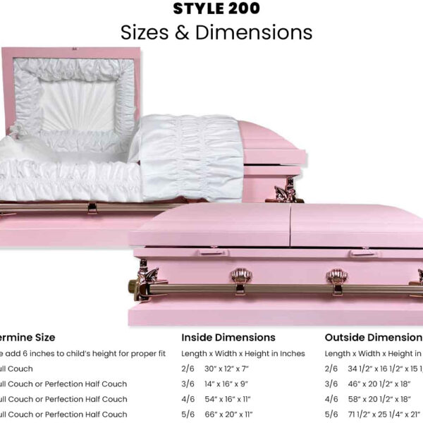 Various dimensions for the Cherokee Style 200 Casket