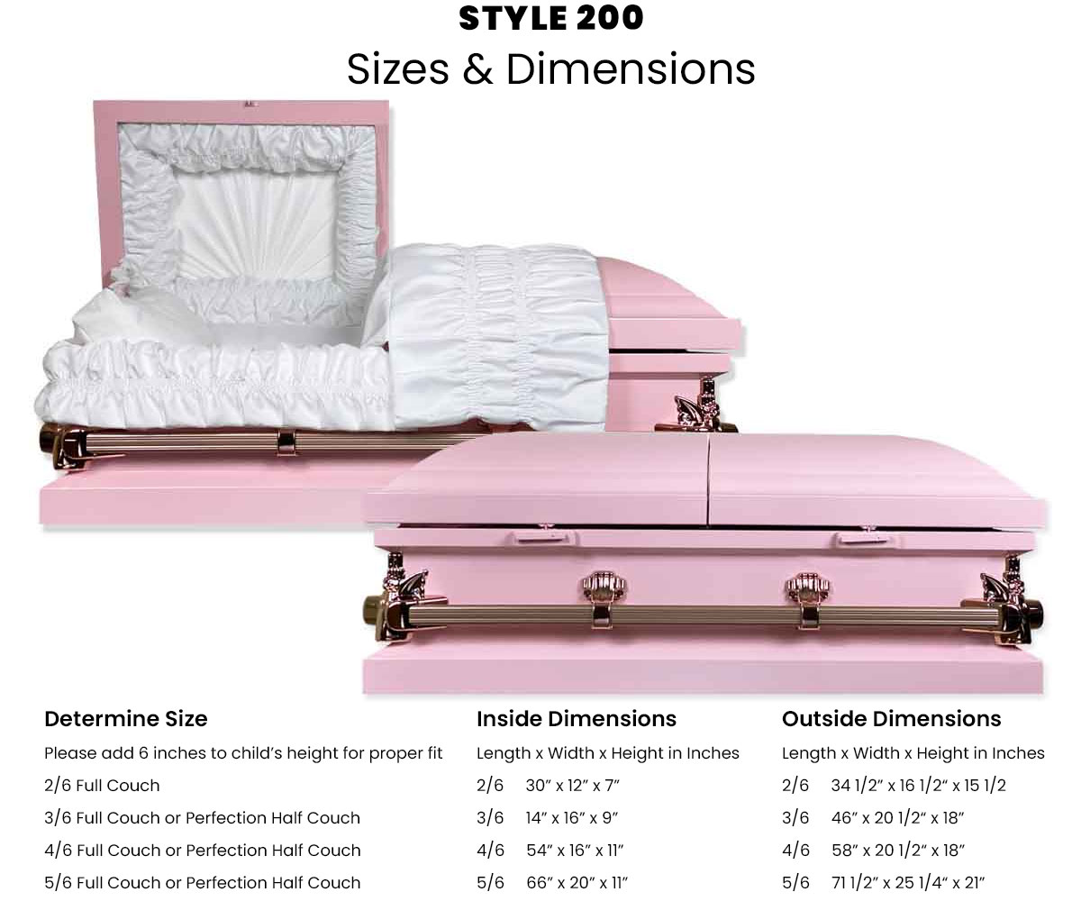 Various dimensions for the Cherokee Style 200 Casket