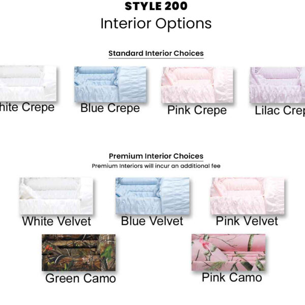 Interior options in standard and premium for the Cherokee Style 200 Casket