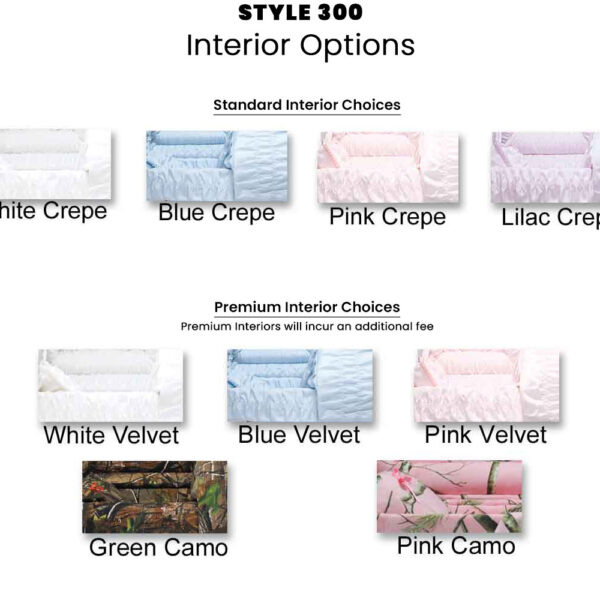 Interior options in standard and premium for the Cherokee Style 300 Casket